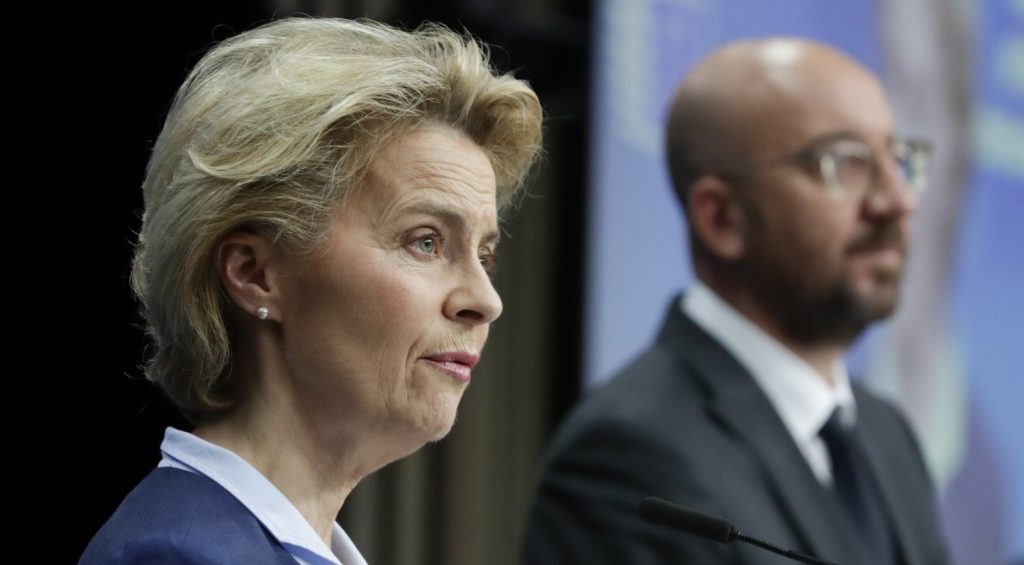 Bruxelles, conferenza stampa al termine del Consiglio UE in video conferenza (La Presse)