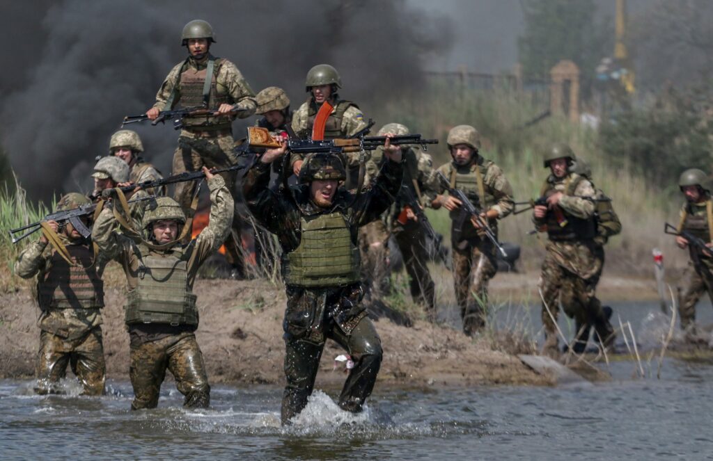 Ukrainian Marine recruits on the obstacle course during their training at a shooting range not far of Mariupol, Ukraine, 15 May 2018. Reports state that pro-Russian rebels launched the rockets to targewt Ukrainian positions a few days ago near the Ukrainian-controlled strategic port city of Mariupol, the press center of the Ukrainian Joint Forces Operation said with reference to a separate Marine Corps brigade of the Ukrainian Navy.