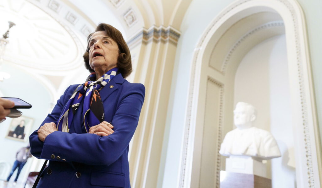 Democratic Senator from California Dianne Feinstein talks to reporters outside the Senate chamber during a break in US President Donald J. Trumps impeachment trial in the US Capitol in Washington, DC