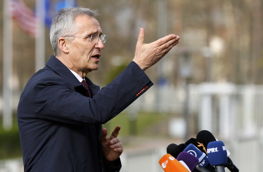 ATO Secretary General Jens Stoltenberg speaks to the media before the fourth meeting of Ukraine Defense Contact Group at the US Air Base in Ramstein, Germany, 21 April 2023. The US Secretary of Defense has invited Ministers of Defense and senior military officials from around the world to Ramstein to discuss the ongoing crisis in Ukraine and various security issues facing US allies and partners.