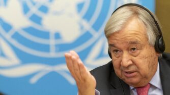 U.N. Secretary-General Antonio Guterres talks to media at a press conference, during the High-Level Ministerial Event on the Humanitarian Situation in Afghanistan, at the European headquarters of the United Nation, in Geneva, Switzerland, 13 September 2021.