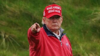 Former US president Donald Trump on the 15th green at Trump International Golf Links & Hotel in Doonbeg, Co. Clare, during his visit to Ireland.