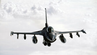 A U.S. Air Force F-16 Fighting Falcon aircraft flies over the U.S. Central Command area of responsibility Jan. 1, 2022.