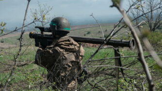 A member of the Ukrainian army's anti-aircraft missile division of the 57th Brigade in position outside of Bakhmut, Ukraine, 23 April 2023. Russian troops entered Ukrainian territory in February 2022, starting a conflict that has provoked destruction and a humanitarian crisis.