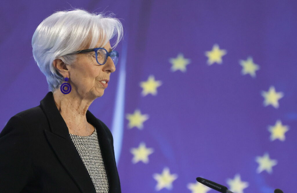 European Central Bank (ECB) President Christine Lagarde addresses a press conference following the meeting of the ECB Governing Council in Frankfurt am Main, Germany