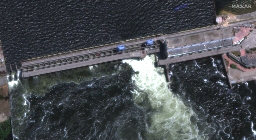 Satellite imagery from June 5 shows clear damage to the Nova Kakhovka hydroelectric power plant dam
