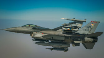 An Air Force F-16 Fighting Falcon aircraft flies over the U.S. Air Force Central Command area of responsibility during a mission supporting Combined Joint Task Force-Operation Inherent Resolve, March 30, 2021. The F-16 is a compact, multirole fighter aircraft that delivers airpower to the U.S. CENTCOM AOR. CJTF-OIR enables its partners to ensure the enduring defeat of Islamic State Group in designated areas of Iraq and Syria and sets conditions for follow-on operations to increase regional stability. (U.S. Air Force photo by Staff Sgt. Trevor T. McBride)